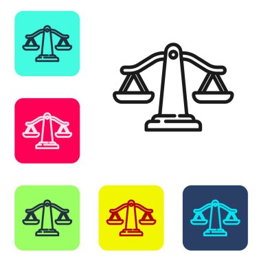 Beyaz arka planda izole edilmiş siyah ölçekli adalet simgesi. Hukuk mahkemesi sembolü. Denge tabelaları. Renkli kare düğmelerle simgeleri ayarla. Vektör.