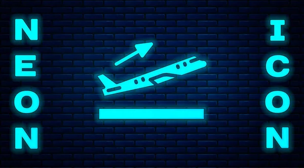 Leuchtendes Neonfarbenes Flugzeug Startsymbol Isoliert Auf Backsteinwand Hintergrund Symbol Für — Stockvektor