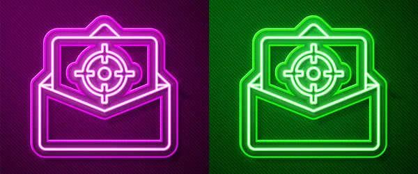Светящаяся Неоновая Линия Почта Значок Электронной Почты Изолированы Фиолетовом Зеленом — стоковый вектор