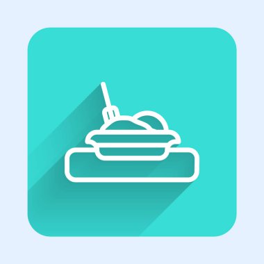 Beyaz çizgi tabaka, çatal ve bıçak ikonu uzun gölgeli. Çatal bıçak sembolü. Restoran tabelası. Yeşil kare düğmesi. Vektör.