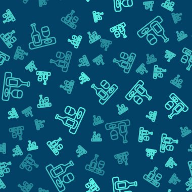 Mavi arka planda cam ikonlu yeşil çizgi şarap şişesi izole edilmiş pürüzsüz desen. Vektör.