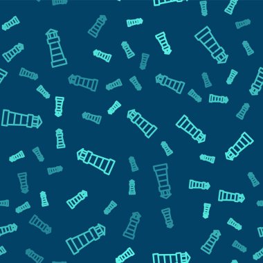 Yeşil çizgi deniz feneri ikonu mavi arka planda kusursuz desen izole etti. Vektör.