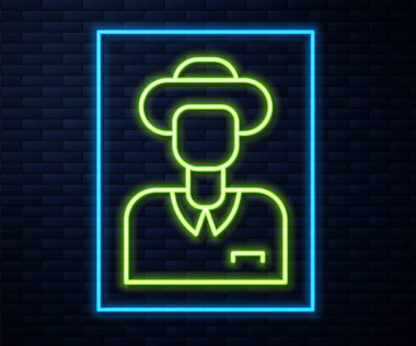 Parlayan neon hattı turist simgesi tuğla duvar arkasında izole edildi. Seyahat, tatil, turizm. Vektör.