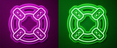 Parlayan neon hattı Lifebuoy simgesi mor ve yeşil arkaplanda izole edildi. Can simidi sembolü. Vektör.