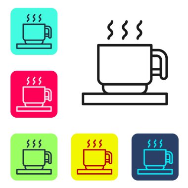 Siyah çizgi. Beyaz arka planda izole edilmiş lokum ikonu olan sıcak çikolata bardağı. Mutlu Noeller ve mutlu yıllar. Renkli kare düğmelerle simgeleri ayarla. Vektör.