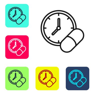 Siyah çizgi ilaç hapı ya da beyaz arkaplanda izole edilmiş tablet ikonu. Kapsül hapı ve uyuşturucu işareti. Eczane tasarımı. Renkli kare düğmelerle simgeleri ayarla. Vektör.