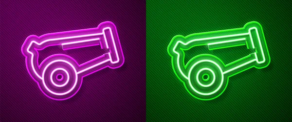 Parlayan Neon Hattı Cannon Simgesi Mor Yeşil Arkaplanda Izole Edildi — Stok Vektör