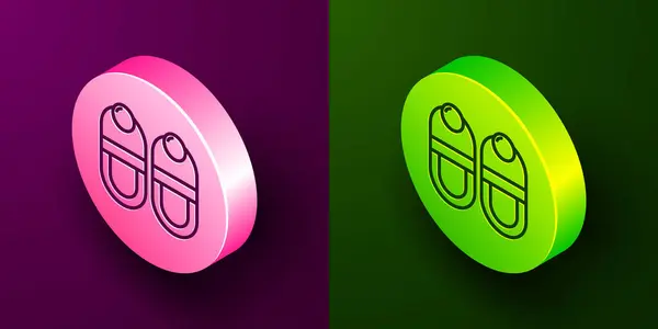 Изометрическая Линия Тапочки Значок Изолирован Фиолетовом Зеленом Фоне Вывеска Шлепанцами — стоковый вектор
