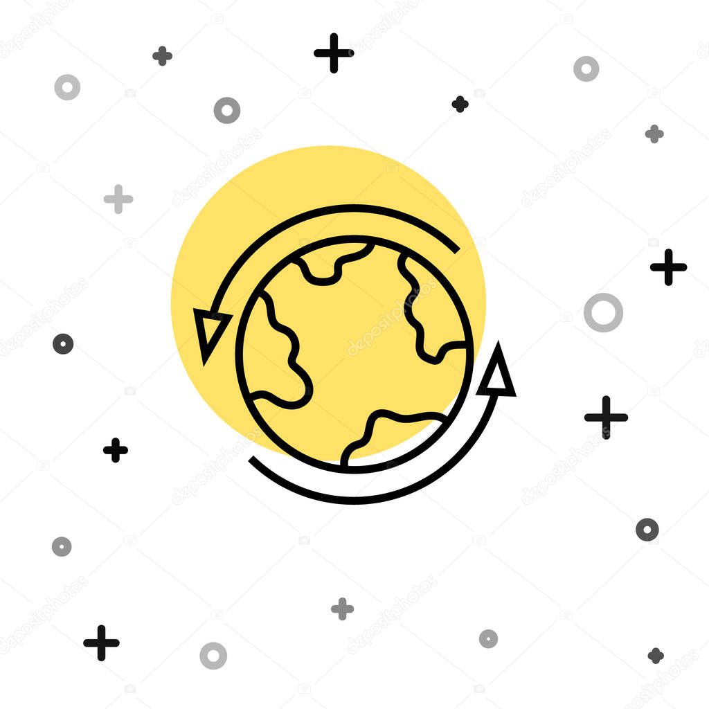 Black line Worldwide icon isolated on white background. Pin on globe. Random dynamic shapes. Vector.