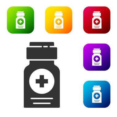 Siyah İlaç şişesi simgesi beyaz arka planda izole edilmiş. Şişe hapı işareti. Eczane tasarımı. Renkli kare düğmelerle simgeleri ayarla. Vektör İllüstrasyonu.