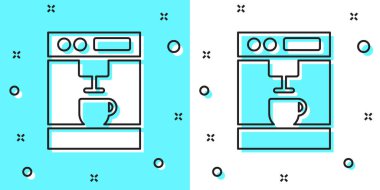 Yeşil ve beyaz arka planda siyah çizgi kahve makinesi simgesi izole edildi. Rastgele dinamik şekiller. Vektör İllüstrasyonu.