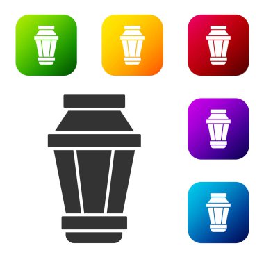 Siyah Bahçe lambası ikonu beyaz arkaplanda izole edilmiş. Güneş enerjili lamba. Fener. Sokak lambası. Renkli kare düğmelerle simgeleri ayarla. Vektör İllüstrasyonu.