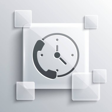 Gri Telefon, gri arkaplanda 24 saatlik destek ikonu var. Tüm gün müşteri destek merkezi. Tam zamanlı çağrı servisi. Kare cam paneller. Vektör İllüstrasyonu.