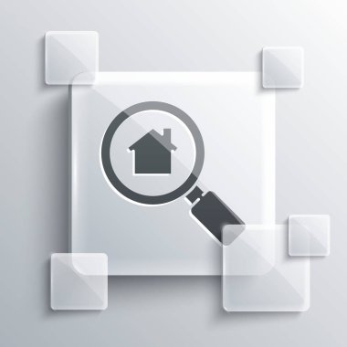 Gri Arama Evi simgesi gri arkaplanda izole edildi. Büyüteç altındaki bir evin emlak sembolü. Kare cam paneller. Vektör İllüstrasyonu.