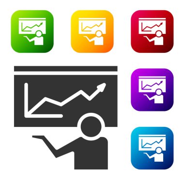Siyah Eğitim, sunum simgesi beyaz arkaplanda izole edildi. Renkli kare düğmelerle simgeleri ayarla. Vektör.