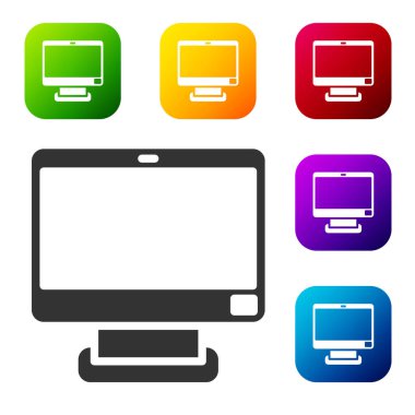 Siyah Bilgisayar ekran simgesi beyaz arkaplanda izole edildi. Elektronik cihaz. Ön manzara. Renkli kare düğmelerle simgeleri ayarla. Vektör.