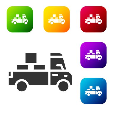 Beyaz arka planda izole edilmiş simgenin arkasında karton kutular olan siyah teslimat kamyonu. Renkli kare düğmelerle simgeleri ayarla. Vektör.