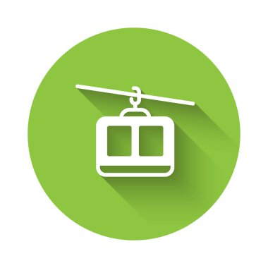 Beyaz Kablo araba simgesi uzun gölgeli izole edildi. Füniküler işaret. Yeşil daire düğmesi. Vektör.