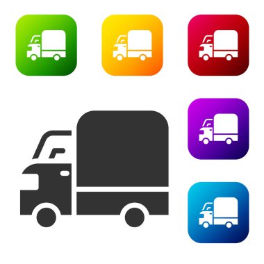 Siyah kargo kamyonu ikonu beyaz arka planda izole edildi. Renkli kare düğmelerle simgeleri ayarla. Vektör.