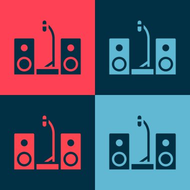 Pop Art Home müzik seti ve iki hoparlör ikonu renkli arka planda izole edilmiş. Müzik sistemi. Vektör.