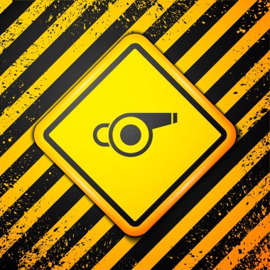 Siyah Düdük simgesi sarı arkaplanda izole edildi. Hakem sembolü. Spor ve spor burcu. Uyarı işareti. Vektör.