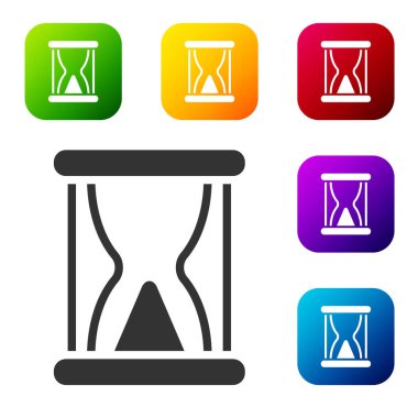 Beyaz arka planda siyah kum ikonu olan eski kum saati. Kum saati işareti. İş ve zaman yönetimi kavramı. Renkli kare düğmelerle simgeleri ayarla. Vektör.