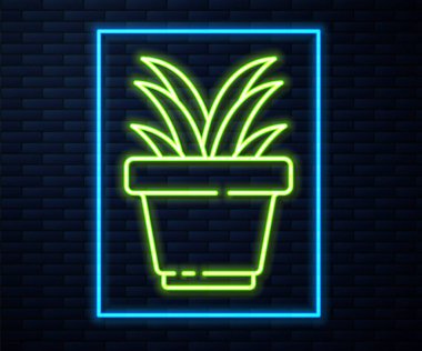 Parlayan neon çizgili çiçek, tuğla duvar arka planında izole edilmiş tencere simgesinde. Tencerede yetişen bir bitki. Saksı bitkisi işareti. Vektör İllüstrasyonu.