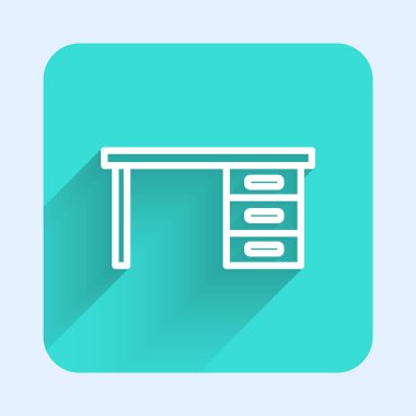 Beyaz çizgi ofis masa simgesi uzun gölgeli izole edilmiş. Yeşil kare düğmesi. Vektör İllüstrasyonu.