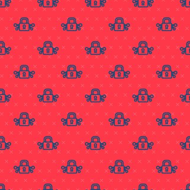 Mavi çizgi siber güvenlik ikonu kırmızı arkaplanda pürüzsüz desen tespit etti. Dijital devre kartında kapalı asma kilit. Güvenlik kavramı. Dijital veri koruması. Vektör.