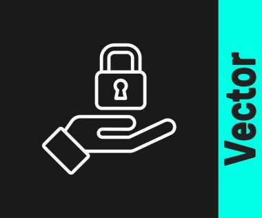 Siyah arkaplanda beyaz çizgi kilidi var. Asma kilit işareti. Güvenlik, güvenlik, koruma, gizlilik kavramı. Vektör.