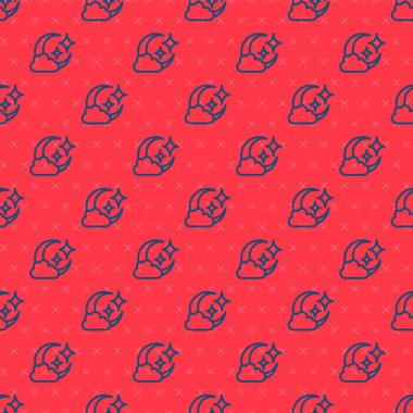 Mavi çizgi Bulut ve ay simgesi kırmızı arka planda izole edilmiş kusursuz desen. Bulutlu gece işareti. Uyku rüyalarının sembolü. Gece ya da yatak zamanı tabelası. Vektör.