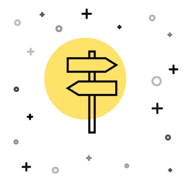 Siyah çizgi trafik levhası. Beyaz arkaplanda sinyal simgesi izole edildi. İşaretçi sembolü. Sokak bilgi tabelası. Yön tabelası. Rastgele dinamik şekiller. Vektör.