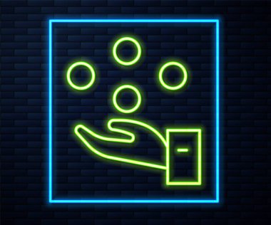 Işıldayan neon çizgisi hokkabaz topu simgesi tuğla duvar arka planında izole edildi. Vektör.