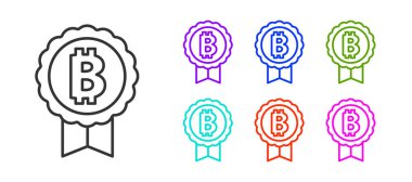 Siyah çizgi kripto para birimi Bitcoin simgesi beyaz arka planda izole edildi. Madeni para. Engelleme zinciri tabanlı şifreli para birimi. Simgeleri renklendirin. Vektör.