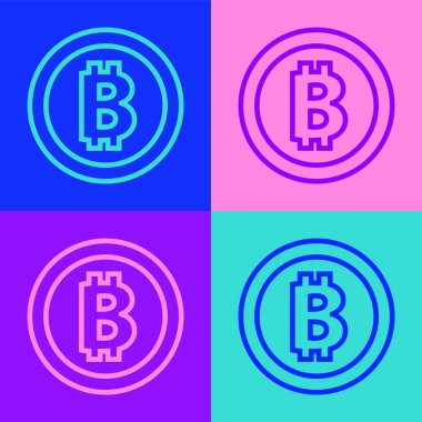 Pop sanat çizgisi Kripto para birimi simgesi Bitcoin renk arkaplanında izole edildi. Madeni para. Engelleme zinciri tabanlı şifreli para birimi. Vektör.