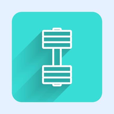 Beyaz çizgi Dumbbell simgesi uzun gölgeli izole edilmiş. Kas kaldırma ikonu, fitness halteri, spor aletleri, egzersiz yaban domuzu. Yeşil kare düğmesi. Vektör.