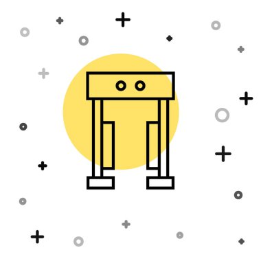 Beyaz arkaplanda siyah çizgi metal dedektörü simgesi izole edildi. Havaalanı güvenlik görevlisi metal dedektör kontrol noktasında. Rastgele dinamik şekiller. Vektör.