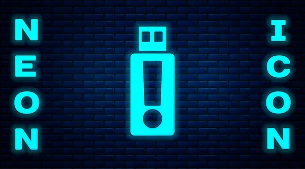 Gloeiende Neon Usb Flash Drive Icoon Geïsoleerd Bakstenen Muur Achtergrond — Stockvector