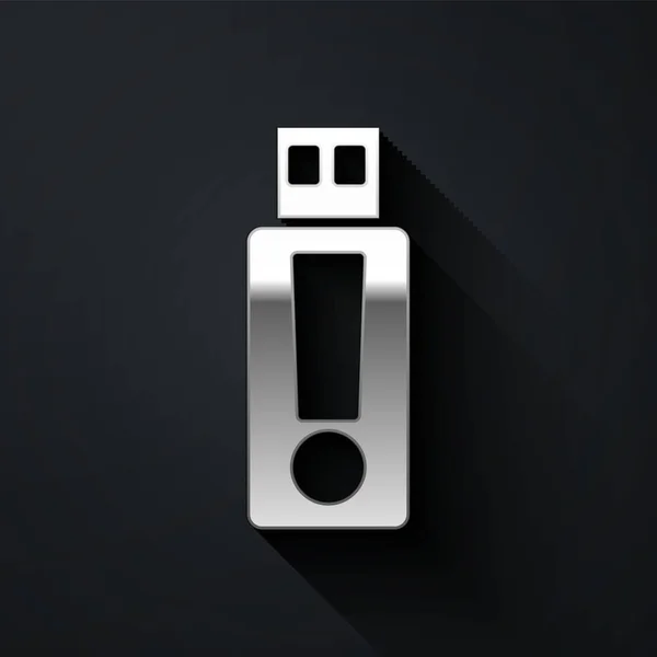 Zilveren Usb Flash Drive Icoon Geïsoleerd Zwarte Achtergrond Lange Schaduw — Stockvector