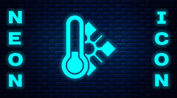 Glowing Neon Meteorology Thermometer Measuring Icon Isolated Brick Wall Background — Stock Vector