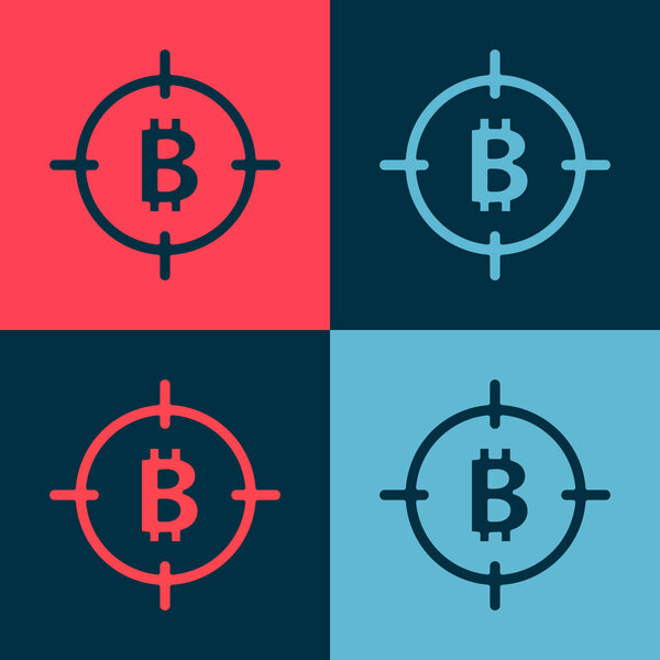 Pop art Bitcoin in the target icon isolated on color background. Investment target icon.  Vector.
