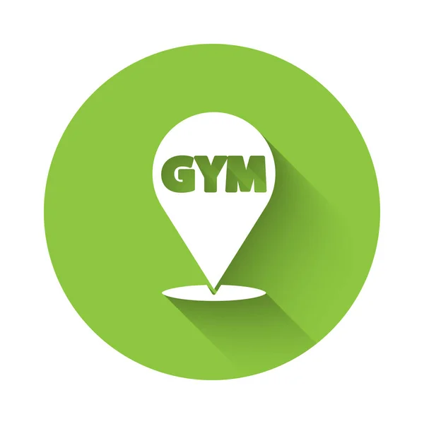 White Location Gym Icon Isolated Long Shadow Green Circle Button — Stock Vector