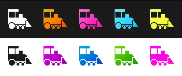 Set Toy Train Icon Isoliert Auf Schwarzem Und Weißem Hintergrund — Stockvektor