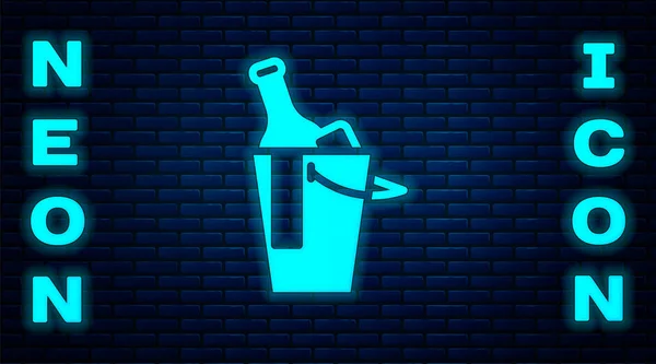 Gloeiende Neon Fles Wijn Een Ijsemmer Pictogram Geïsoleerd Bakstenen Muur — Stockvector