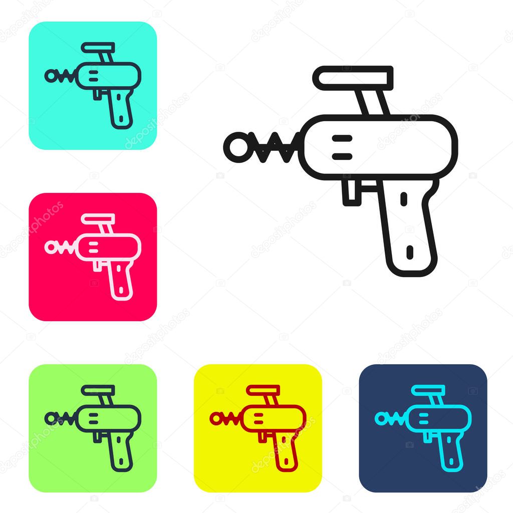 Black line Ray gun icon isolated on white background. Laser weapon. Space blaster. Set icons in color square buttons. Vector.