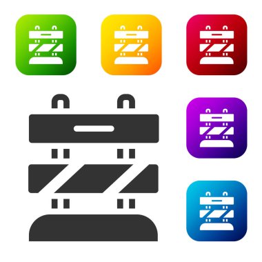 Demiryolu rayları simgesinin siyah ucu beyaz zeminde izole edildi. Dur işareti. Demiryolu tamponundan hedefe. Renkli kare düğmelerle simgeleri ayarla. Vektör.