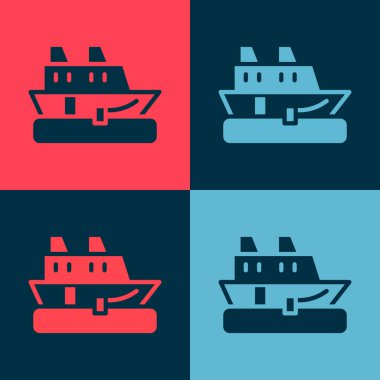 Pop Art Cruise gemi simgesi renk arkaplanında izole edildi. Seyahat turizmi deniz taşımacılığı. Yolcu gemisi, yolcu gemisi. Dünya çapında bir gezi. Vektör.