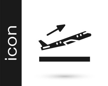 Siyah Uçak kalkış simgesi beyaz arkaplanda izole edildi. Uçak taşıma sembolü. Vektör.