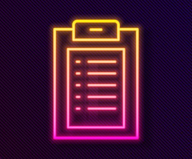 Siyah arka planda izole edilmiş klinik rekor simgesi olan parlak neon çizgisi tıbbi pano. Sağlık sigortası formu. Reçete, tıbbi kontrol işaretleri raporu. Vektör.