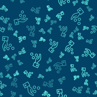 Restoran ve otel ikonundaki servis elemanlarına bahşiş veren insanlar mavi arka planda pürüzsüz desenler buldular. Parayı nakit parayla oteldeki otel servisine veriyor. Vektör.